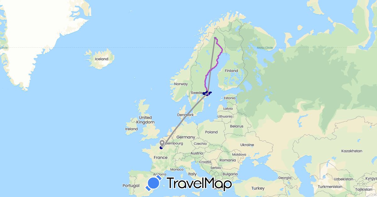 TravelMap itinerary: driving, bus, plane, train, hiking in France, Sweden (Europe)