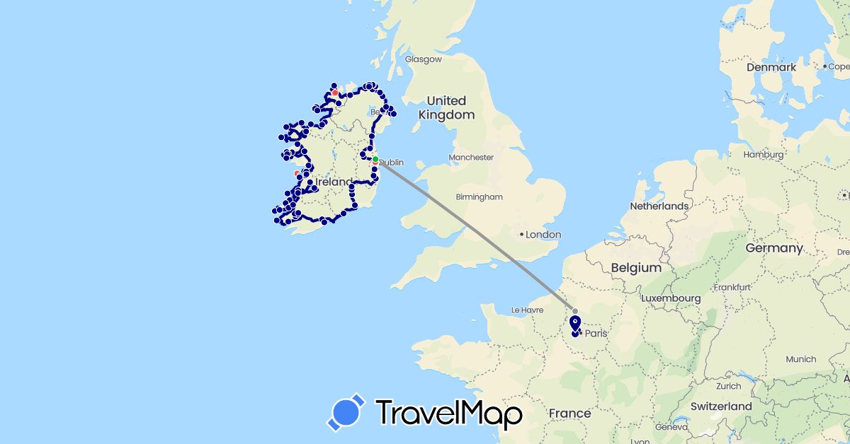 TravelMap itinerary: driving, bus, plane, hiking, boat, tramway in France, United Kingdom, Ireland (Europe)